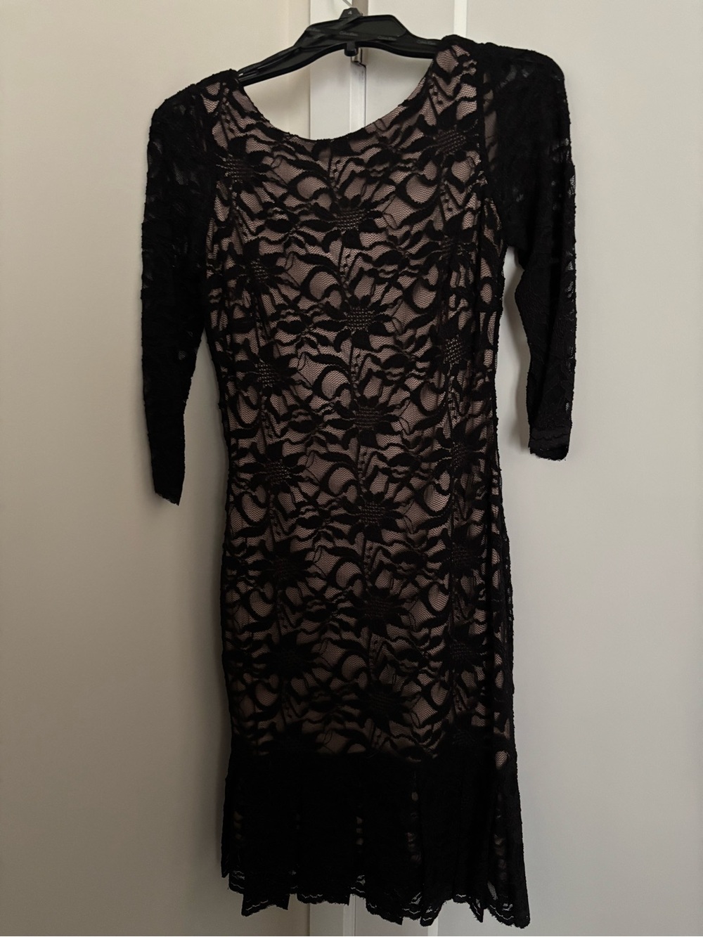 Calvin Klein Black Lace Long-Sleeve Sheath Dress with Nude Slip